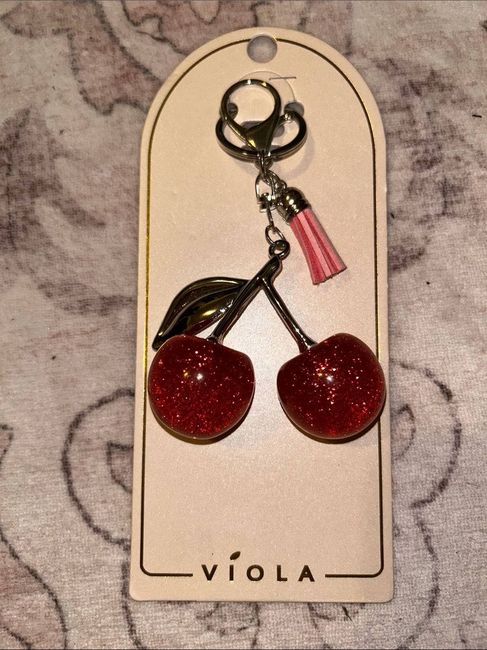 Red Glitter Cherry Keychain with Pink Tassel